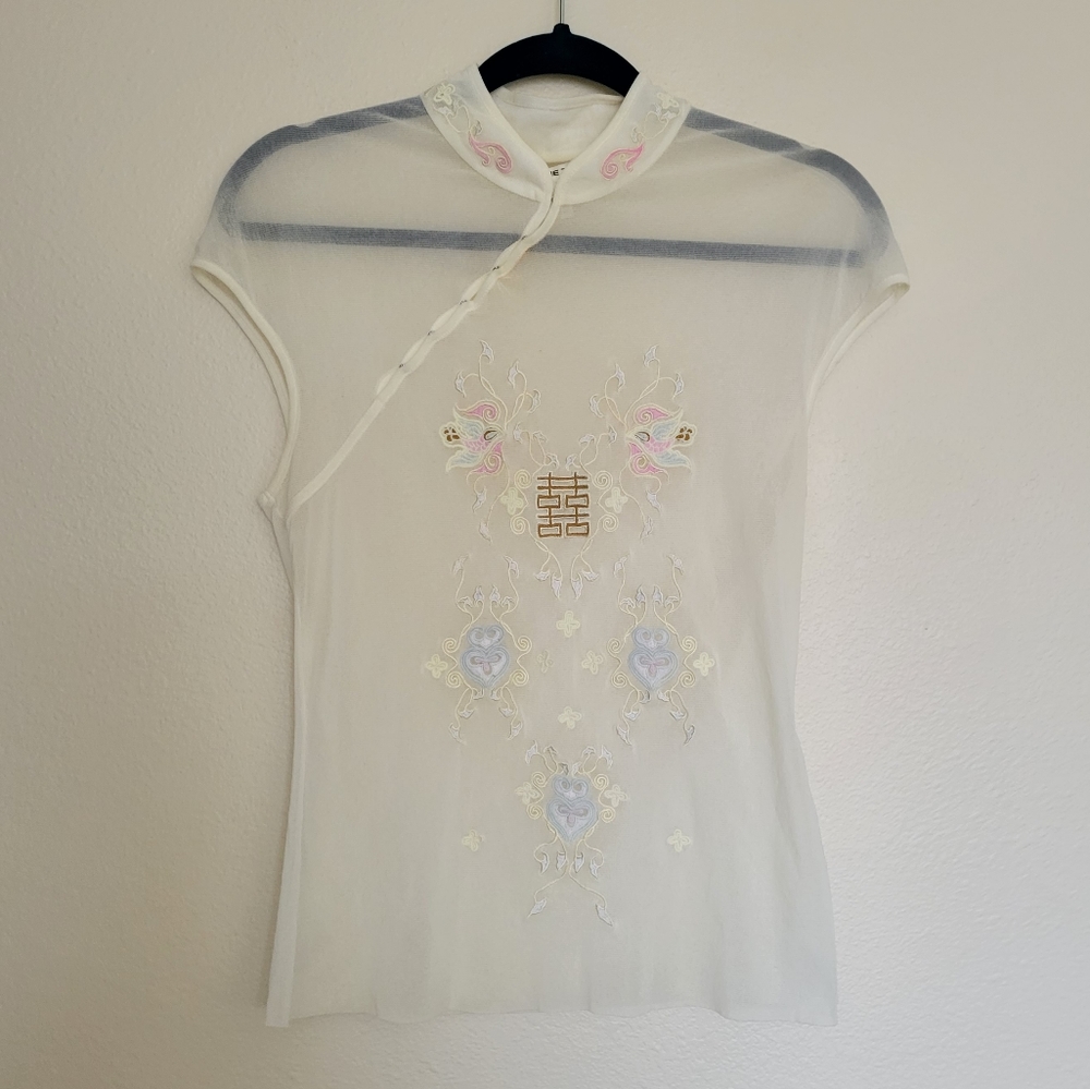 Vivienne Tam vintage sheer pale yellow blouse asymmetrical mandorin collar